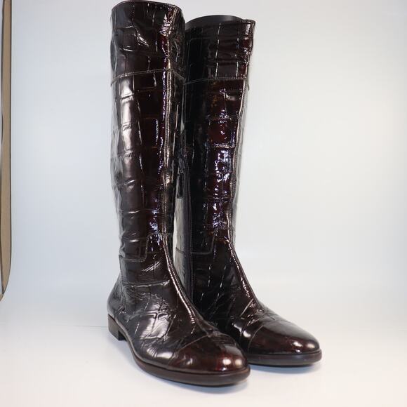 Alex Marie Crocodile Patent Leather Knee High Riding Boot Brown - Picture 1 of 6